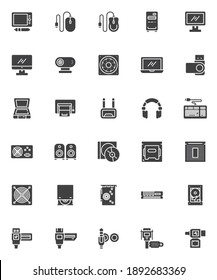 Computer hardware vector icons set, modern solid symbol collection, filled style pictogram pack. Signs, logo illustration. Set includes icons as hard disk, laptop computer, cpu microchip, power unit