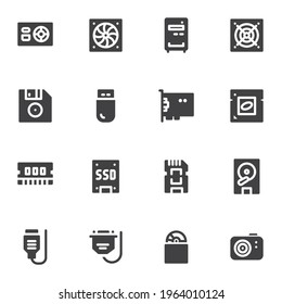 Computer hardware  vector icons set, modern solid symbol collection, filled style pictogram pack. Signs, logo illustration. Set includes icons as power unit, hard disk, cpu processor, ssd, vga cable