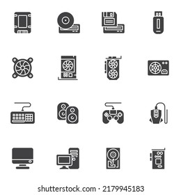 Computer hardware vector icons set, modern solid symbol collection, filled style pictogram pack. Signs, logo illustration. Set includes icons as desktop computer monitor, hdd, keyboard, power supply