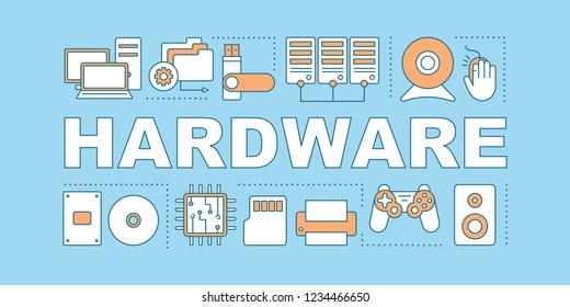 Computer hardware word concepts banner. Electronic devices. Information carriers, CPU. Presentation. Isolated lettering typography with linear icons. Vector outline illustration