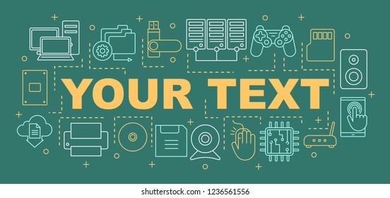 Computer hardware word concepts banner. Electronic devices. Information carriers, CPU. Presentation. Isolated lettering typography with linear icons. Vector outline illustration