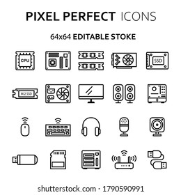 Computer Hardware(DIY) and Accessories icon set.Icons are created on pixel grid 64x64 pixel