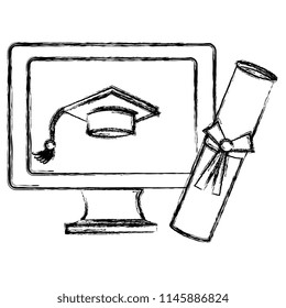 computer with hat and diploma graduation