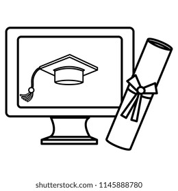 computer with hat and diploma graduation
