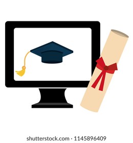 computer with hat and diploma graduation