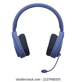 Computer headphones with microphone for virtual game playing front view vector flat illustration. Earphones DJ music beat listening stereo audio sound device. Electronic studio headset technology