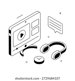 Computador e fones de ouvido, aprendizagem on-line, conceito de educação digital ilustração isométrica