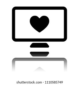 computer and heard. simple icon. Black icon with mirror reflection on white background