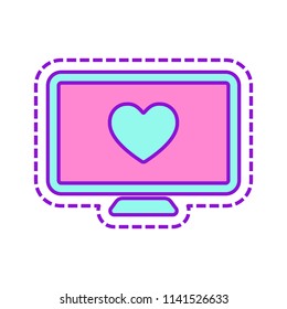 computer and heard. simple icon. Colored sketch with dotted border on white background
