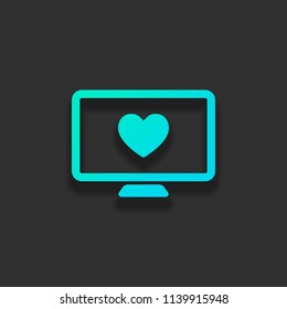 computer and heard. simple icon. Colorful logo concept with soft shadow on dark background. Icon color of azure ocean