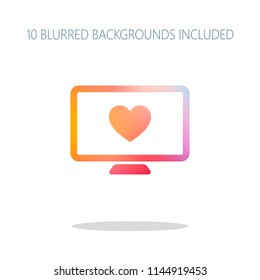 computer and heard. simple icon. Colorful logo concept with simple shadow on white. 10 different blurred backgrounds included