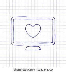 computer and heard. simple icon. Hand drawn picture on paper sheet. Blue ink, outline sketch style. Doodle on checkered background
