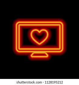 computer and heard. simple icon. Orange neon style on black background. Light icon