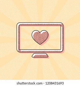 computer and heard. simple icon. Vintage retro typography with offset printing effect. Dots poster with comics pop art background