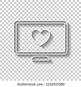 computer and heard. simple icon. White outline sign with shadow on transparent background