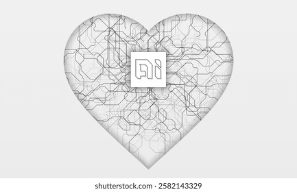 Computer heart with motherboard elements for technology concept design. Circuit board lighting tech heart. Concept of information technology logo. Black electronic circuit board with chip heart shape