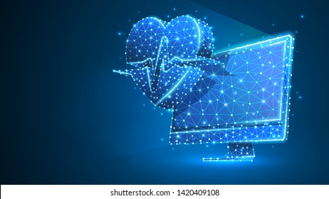 Computer with Heart pulse line on monitor. Polygonal Internet treatment, computer care concept. Abstract, digital, wireframe low poly mesh vector blue neon 3d illustration. Triangle line dot