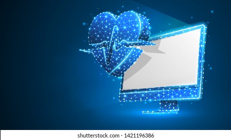 Computer with Heart pulse line on white monitor. Polygonal Internet treatment, computer care concept. Abstract, digital, wireframe low poly mesh vector blue neon 3d illustration. Triangle line dot