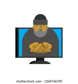Computer help. Beggar Advises client. Online Homeless. Customer service support. Hotline operator advises client