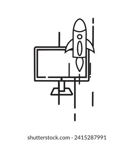 Computer and high-speed rocket vector icon