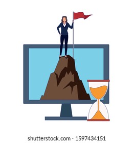 computer with hill with businesswoman on top and hourglass over white background, colorful design, vector illustration