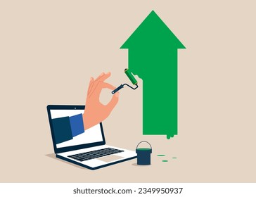 Computer holding paint roller and painting green arrow up. Business profit growth, career advancement or development, investment income go up or partnership. Vector illustration