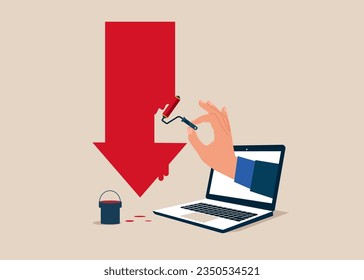 Computer holding paint roller and painting red arrow down. Crisis. Vector illustration