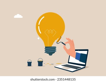 Computer holding paint roller and painting idea light bulb. Flat vector illustration.