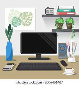 computer in home office with fresh plant, flat vector, illustration design. 