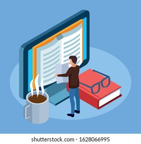 computer, hot coffee mug and man standing over blue background, isometric and colorful design, vector illustration