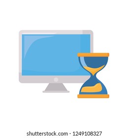 computer and hourglass on white background