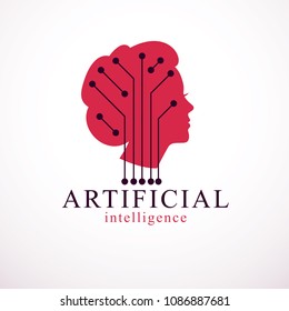Computer human android bot, artificial intelligence concept. Human profile with electronics elements icon. Vector logo design. Smart software, idea of intelligent machines and computer programs.