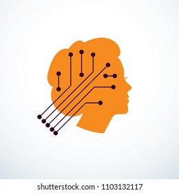Computer human android bot, artificial intelligence concept. Human profile with electronics elements icon. Vector logo design. Smart software, idea of intelligent machines and digital mind.