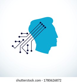 Computer human android bot, artificial intelligence concept. Human profile with electronics elements icon. Vector logo design. Smart software, idea of intelligent machines and digital mind.