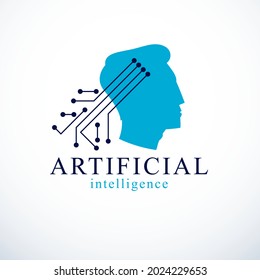 Computer human android bot, artificial intelligence concept. Human profile with electronics elements icon. Vector logo design. Smart software, idea of intelligent machines and computer programs.