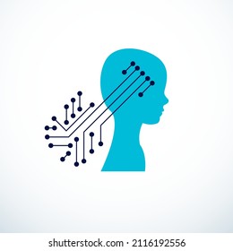 Computer human android bot, artificial intelligence concept. Human profile with electronics elements icon. Vector logo design. Smart software, idea of intelligent machines and digital mind.