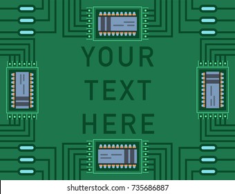 Computer IC chip template microchip on detailed printed circuit board design abstract background vector illustration.