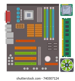Computer IC chip template microchip on detailed printed circuit board design abstract background vector illustration.