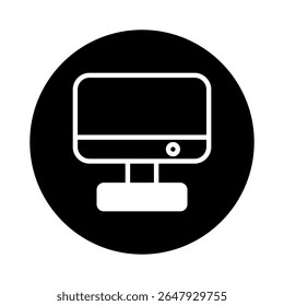 Computer icon in black circle displaying modern technology innovation and screen resolution with electronic device for visuals