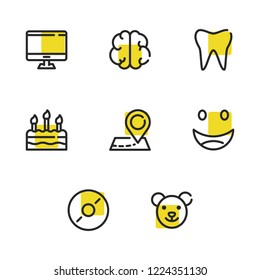 Computer icon with brain, toy and cake symbols. Set of address, happy, birthday dessert icons and teddy concept. Editable vector elements for logo app UI design.