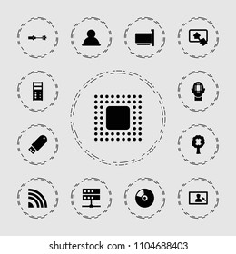 Computer icon. collection of 13 computer filled icons such as user, flash drive, server, phone connection cable, camera display. editable computer icons for web and mobile.