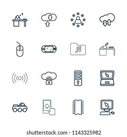 Computer icon. collection of 16 computer outline icons such as pointer on display, mouse, cpu, download cloud, cloud protection. editable computer icons for web and mobile.