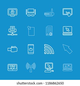 Computer icon. collection of 16 computer outline icons such as tv, pointer on display, finger on tablet, online shopping, laptop. editable computer icons for web and mobile.