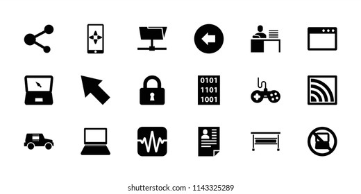 Computer icon. collection of 18 computer filled icons such as no laptop, arrow left, joystick, lock, share, folder, browser window. editable computer icons for web and mobile.
