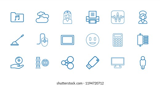 Computer icon. collection of 18 computer outline icons such as cloudy weather, share, user, tablet, arm lever, nurse, music folder. editable computer icons for web and mobile.
