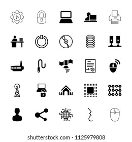 Computer icon. collection of 25 computer filled and outline icons such as share, server, man working at the table, wire, chip. editable computer icons for web and mobile.