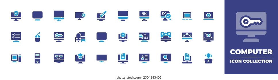 Colección de iconos del equipo. Color de duotona. Ilustración vectorial. Conteniendo ciberseguridad, monitoreo, adición, diseño gráfico, computadora, verificación, examen, ratón, acceso, lugar de trabajo, virus, diagnóstico.