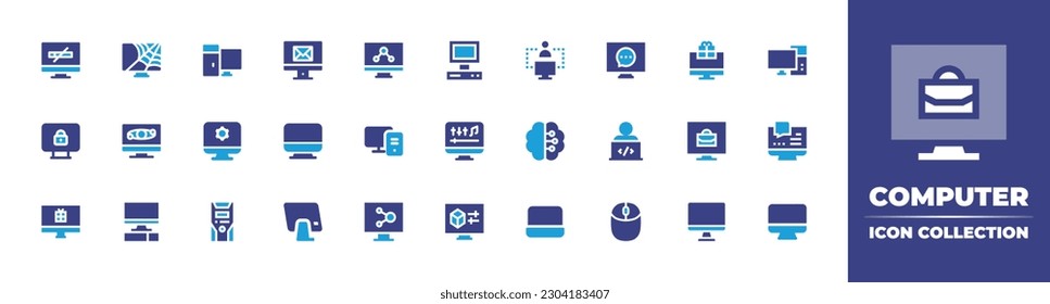 Sammlung von Computersymbolen. Duotonfarbe. Vektorgrafik. Enthält Computer, Computerbildschirm, alt, Verbindung, Chat, PC, Computereinstellungen, Gehirn, Software-Ingenieur, Laptop, Maus. 