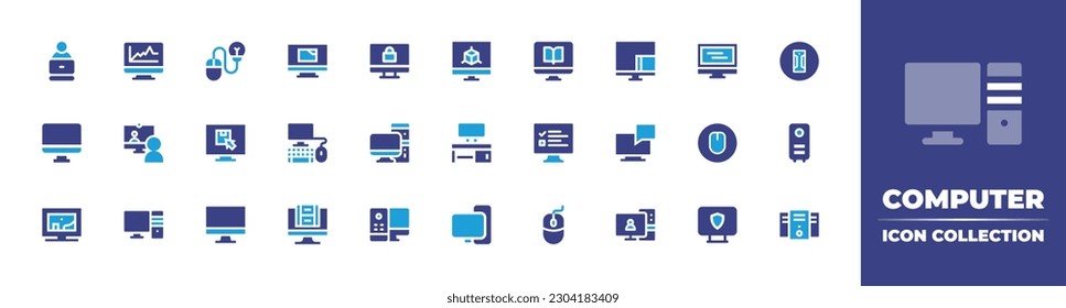 Sammlung von Computersymbolen. Duotonfarbe. Vektorgrafik. Enthält Software-Ingenieure, Analytics, Computer, PC, Monitor, Bildschirm-Spiegelung, Videoanruf, Computer-Desktop, Online-Umfrage, Nachricht.