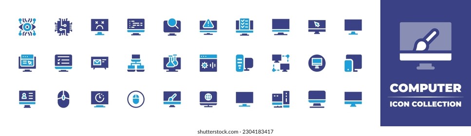Colección de iconos del equipo. Color de duotona. Ilustración vectorial. Conteniendo ojo, cpu, computadora, codificación, alerta, usabilidad, pc, clic, televisión, mejora, prueba en línea, correo electrónico, red, laboratorio virtual.